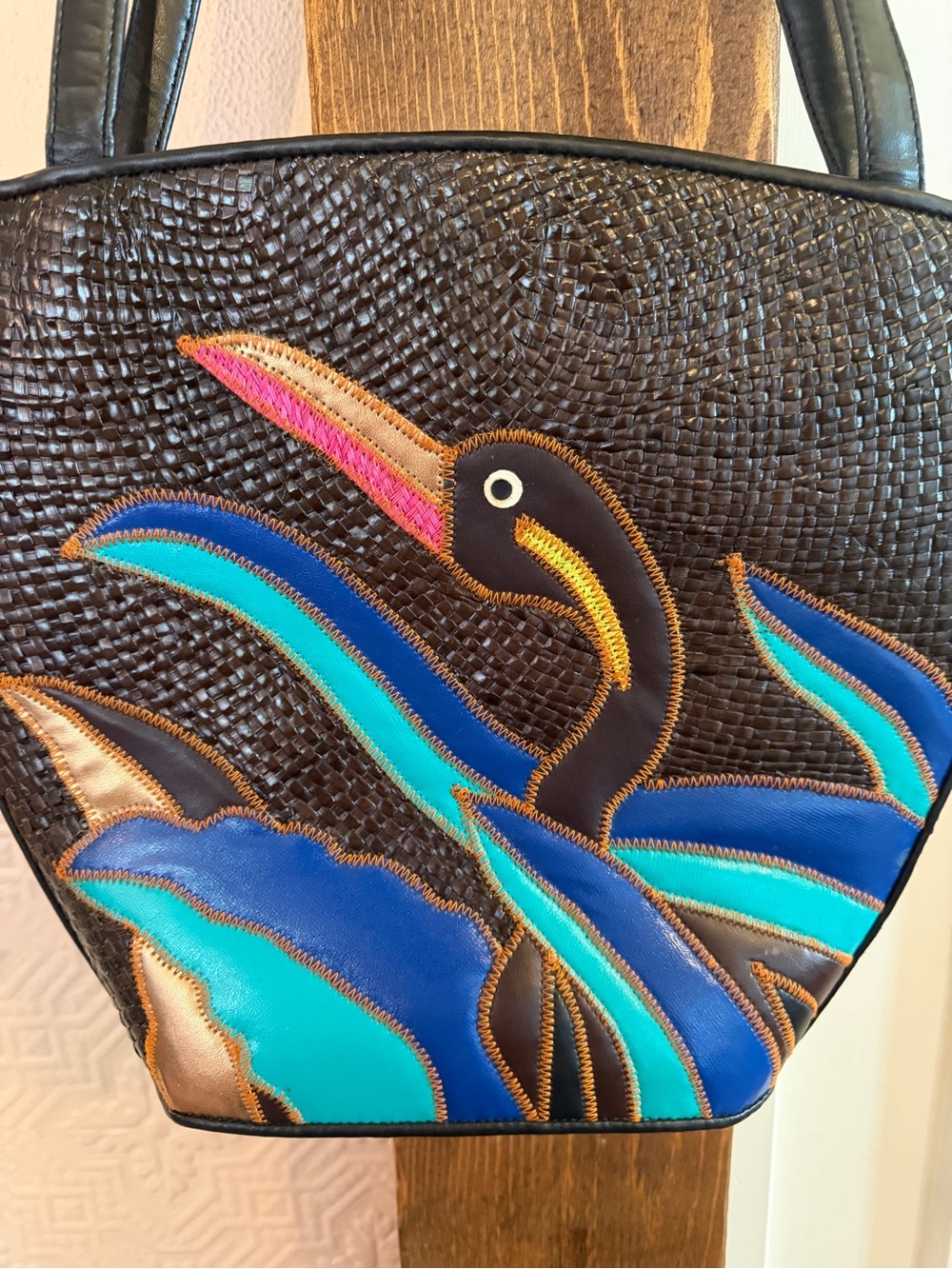 Vintage Black Shoulder Bag with Blue, Teal and Pink Bird Appliqué - Picture 2 of 3